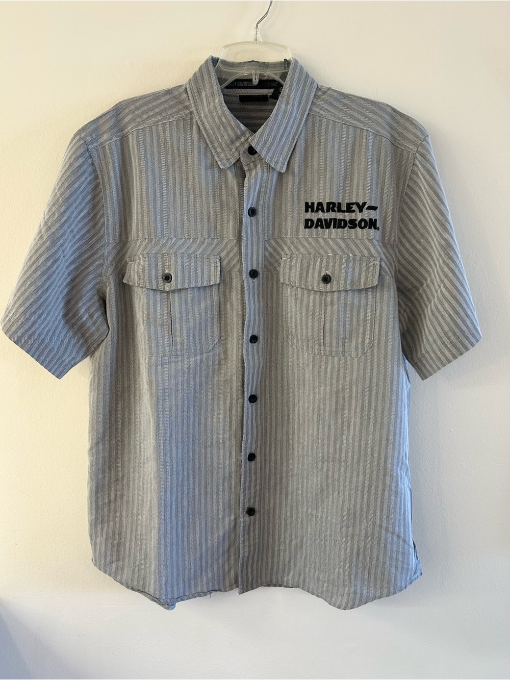 Harley Davidson Button Down Short Sleeve Polo Shirt Striped Men's Size XL Gray - Picture 2 of 8